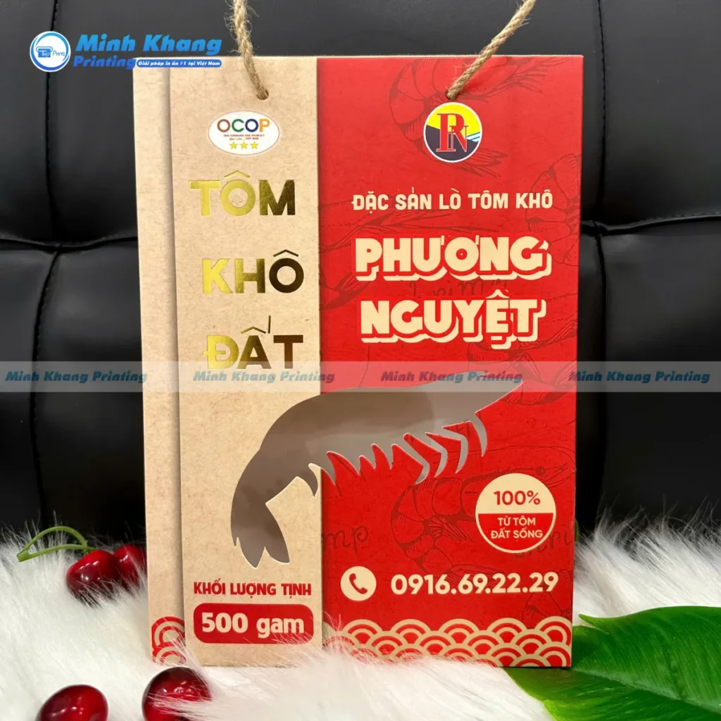 Mẫu hộp giấy có quai xách đựng tôm khô đất