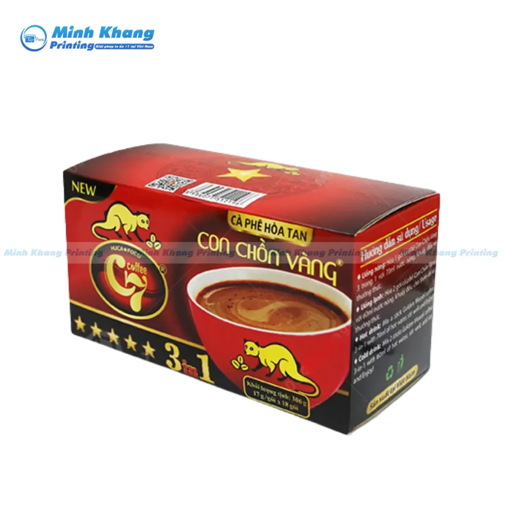 Mãu hộp đựng cà phê hòa tan con chồn vàng làm bằng giấy couche