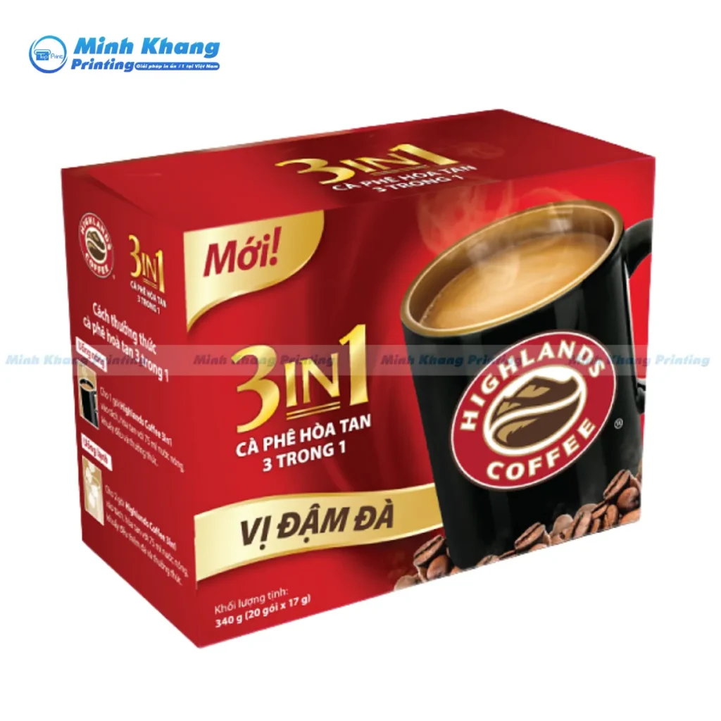 Mẫu hộp giấy cà phê Highland 3 in 1 chuyên để cà phê gói