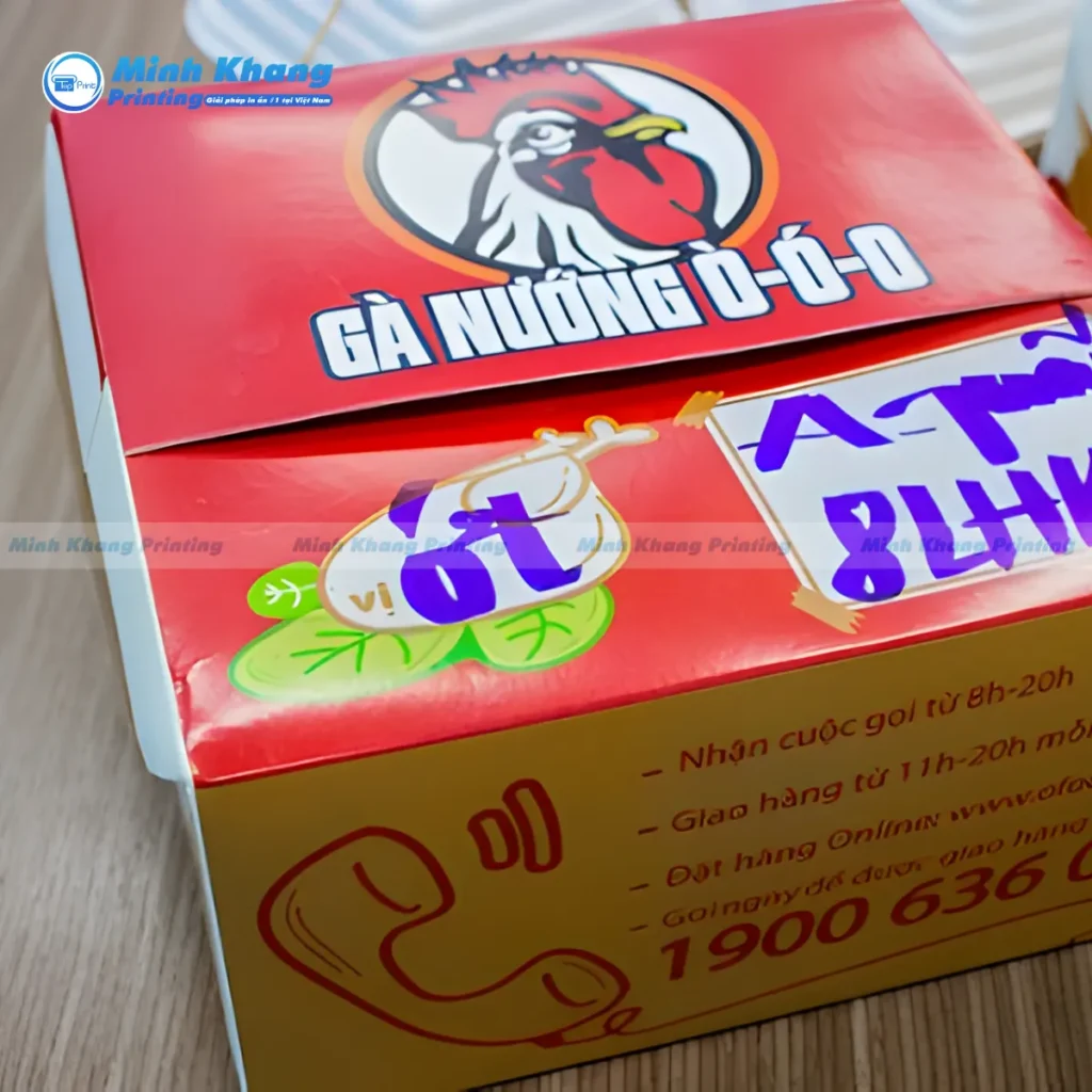 Mẫu hộp giấy đựng gà nướng cán lớp màng chống thấm dầu mỡ