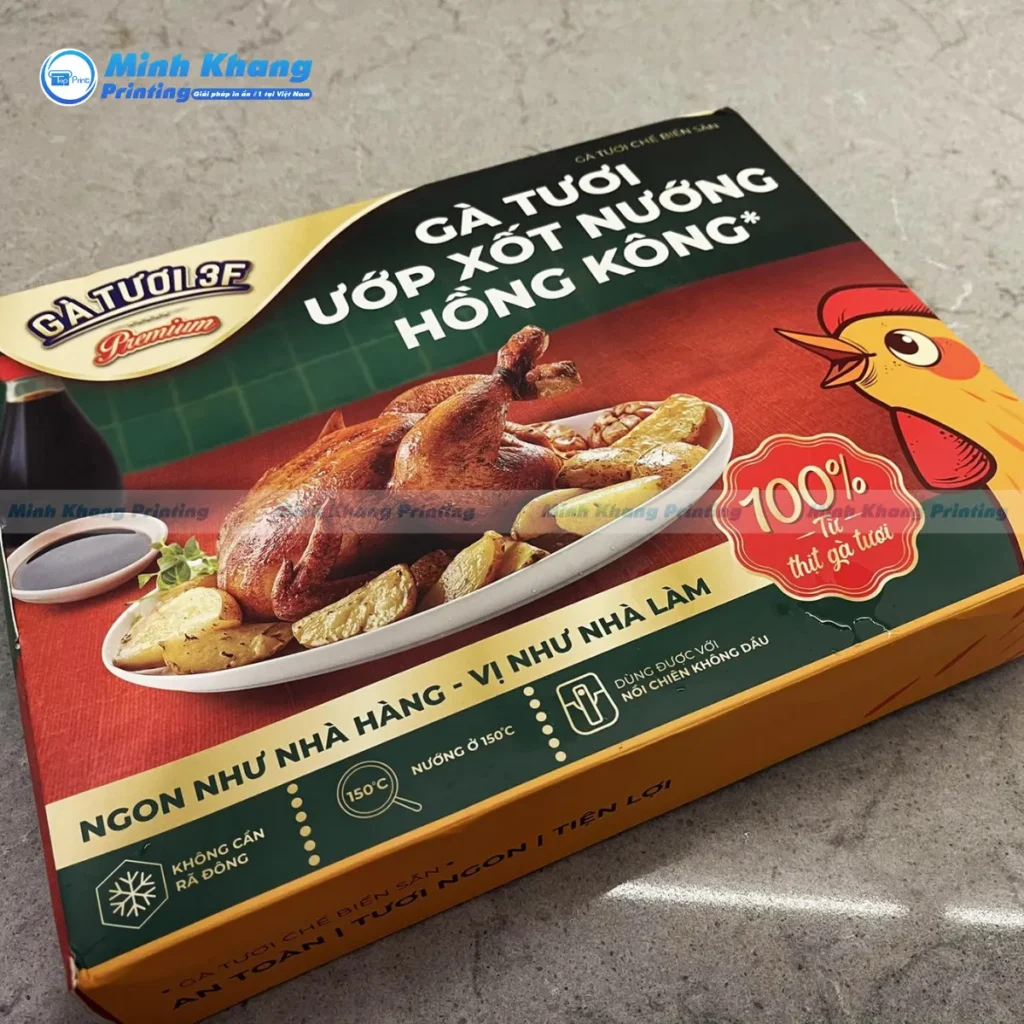Mẫu hộp giấy đựng gà nướng chất liệu Ivory cao cấp in hình ảnh gà quay nguyên con bắt mắt