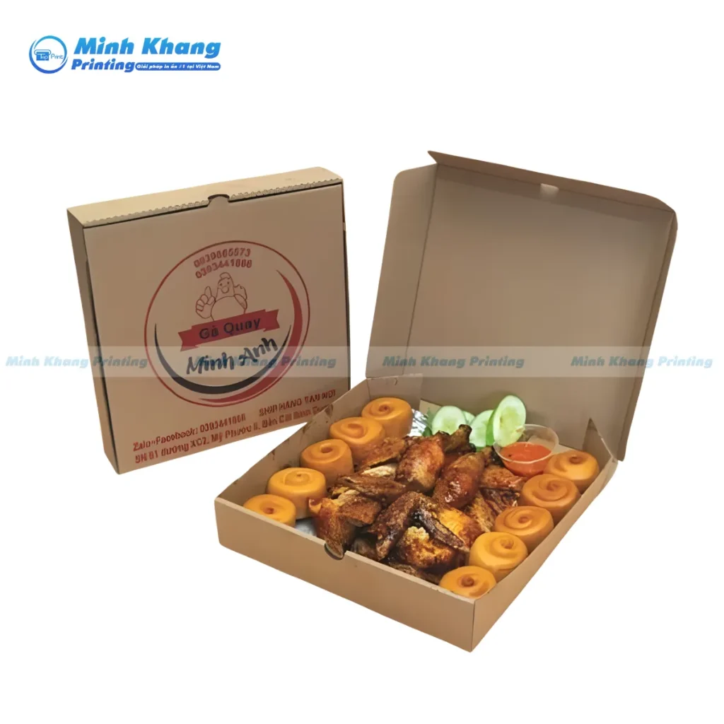 Mẫu hộp giấy đựng gà nướng thiết kế nắp cài thông minh, đảm bảo gà không bị xô lệch khi vận chuyển