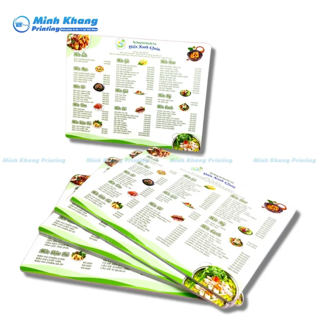Mẫu menu nhà hàng Biển Xanh in giấy couches bồi formex
