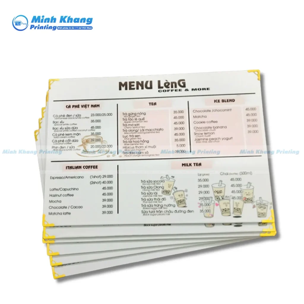 Mẫu menu chống nước cho trà sữa LenG