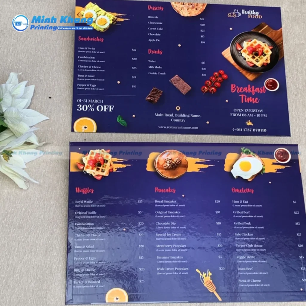Mẫu menu tiệm bánh dạng ngang cán mờ giúp bảo vệ bề mặt