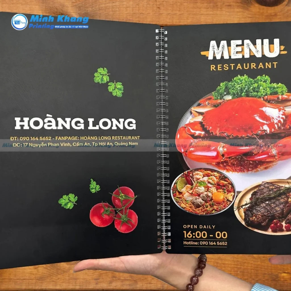 Mẫu menu quán hải sản bìa cứng PVC mang lại vẻ ngoài sang trọng và đẳng cấp cho nhà hàng