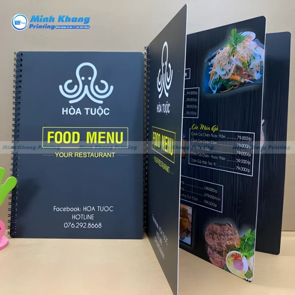 Mẫu menu nhà hàng bạch tuộc chất liệu nhựa pvc đóng lò xo