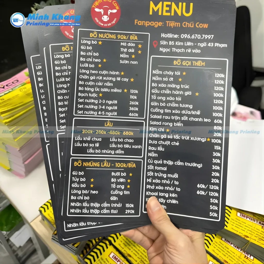 Mẫu thực đơn bìa cứng có thể được gia công bo tròn góc, tạo sự an toàn và thẩm mỹ