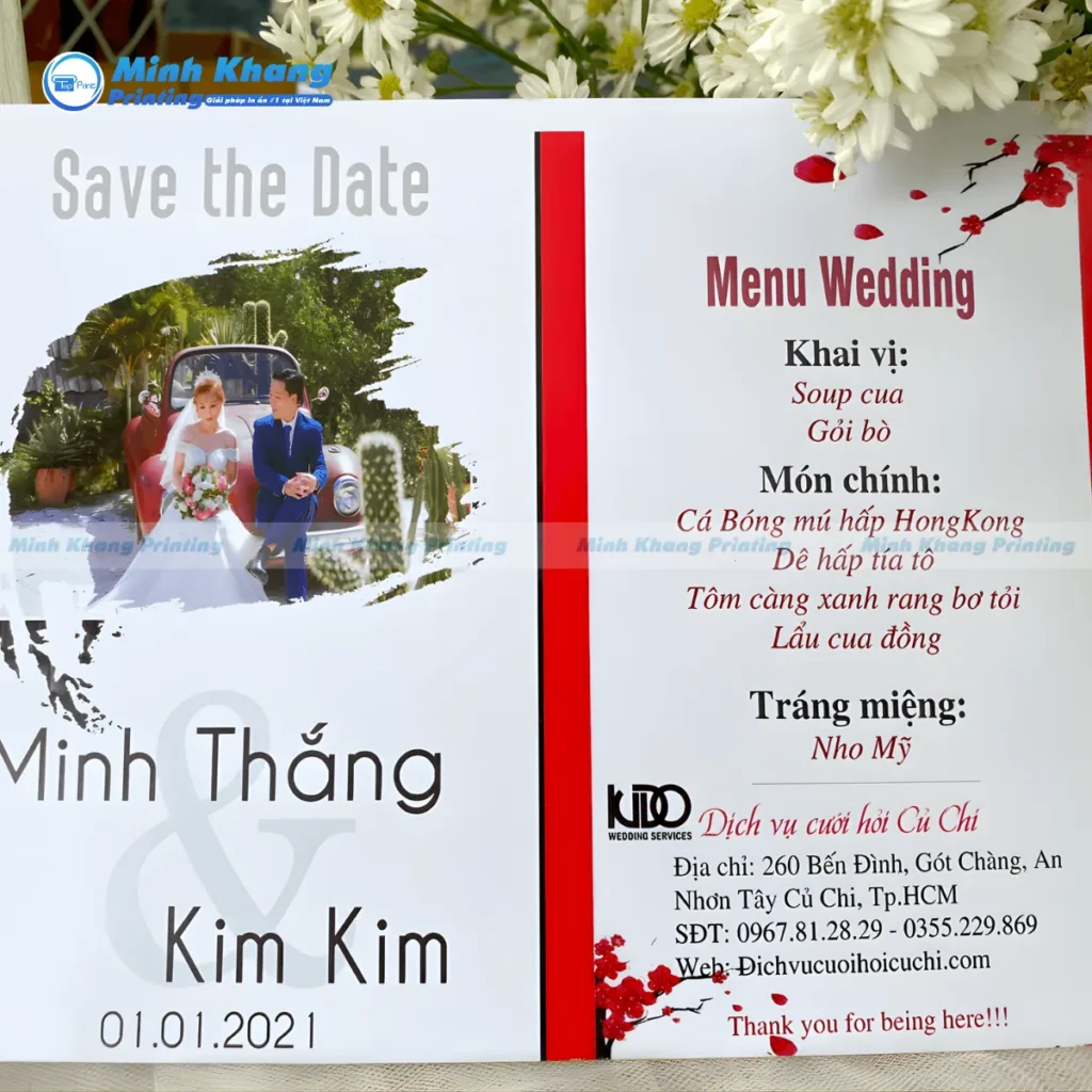 Mẫu menu đám cưới in trên giấy định lượng cao, có vân đặc biệt cho tiệc cưới