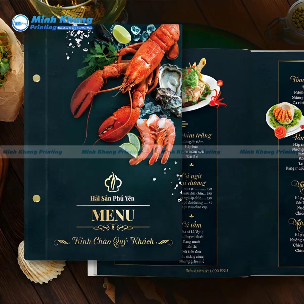 Mẫu nhà hàng hải sản Phú Yên in bìa cứng gáy ốc sang trọng thể hiện đẳng cấp vượt trội