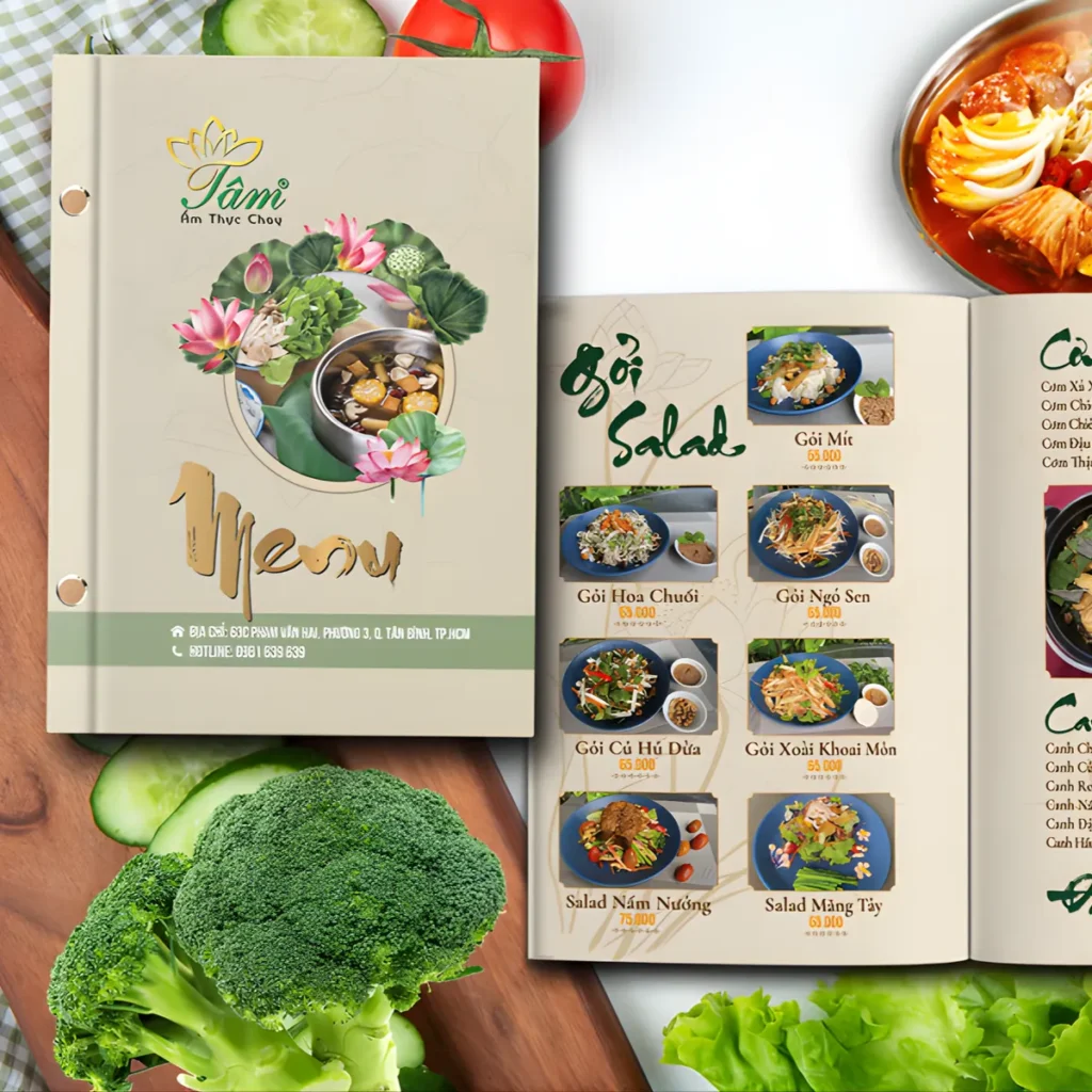 Mẫu menu nhà hàng chay thiết kế nhẹ nhàng, thanh tịnh với tone màu xanh lá