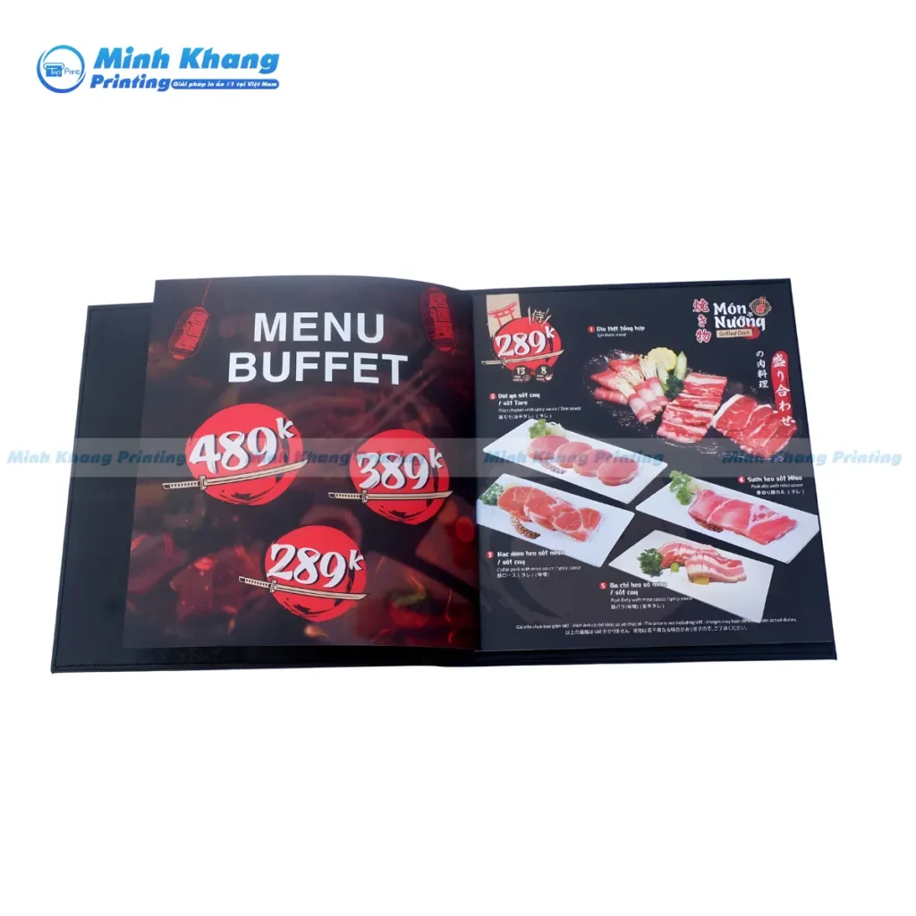 Mẫu menu nhà hàng nướng buffet phân loại rõ ràng các gói combo và loại thịt để khách dễ chọn