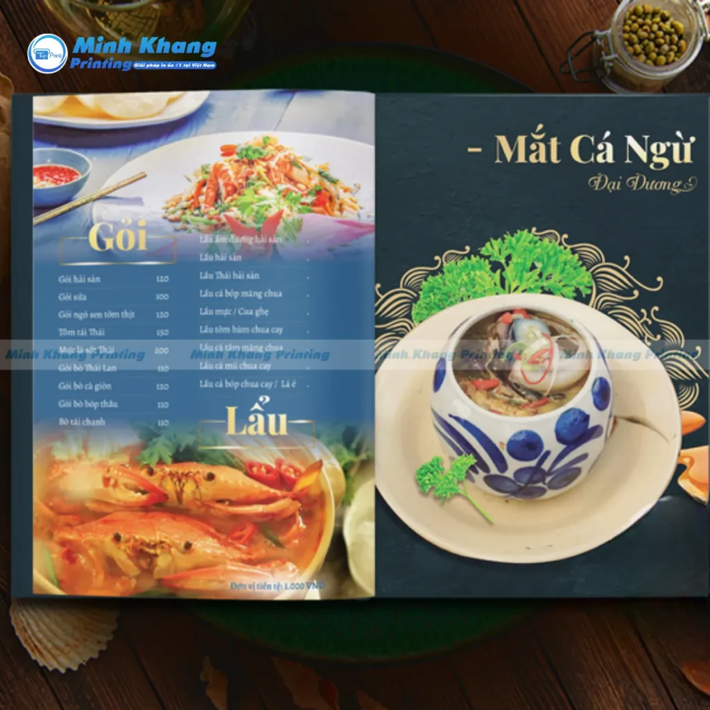 Mẫu menu nhà hàng hải sản in màu xanh gợi màu sắc biển cả tạo nên ấn tượng chuyên nghiệp về thương hiệu