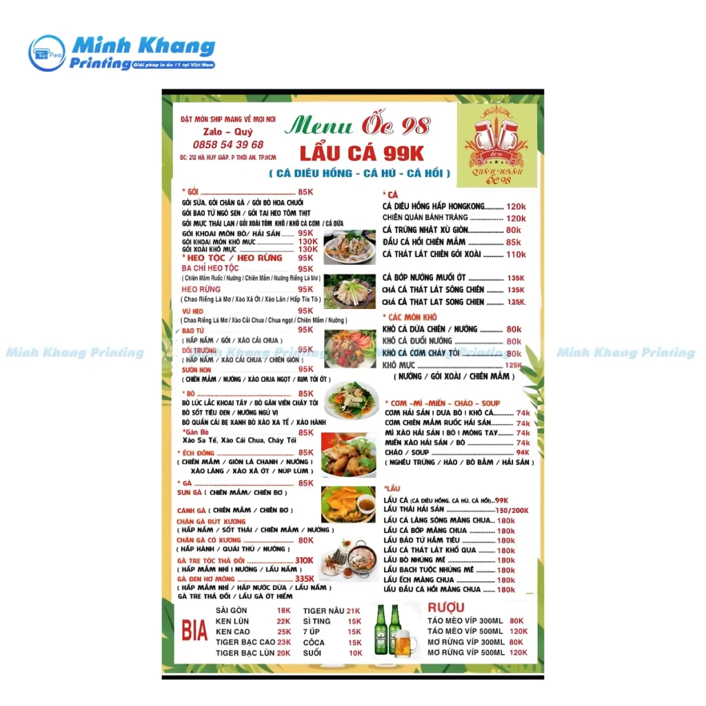 Mẫu Menu quán nhậu đơn giản vỉa hè