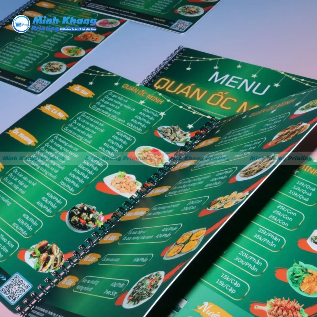 Mẫu menu quán nhậu ốc bìa cứng đóng gáy lò xo
