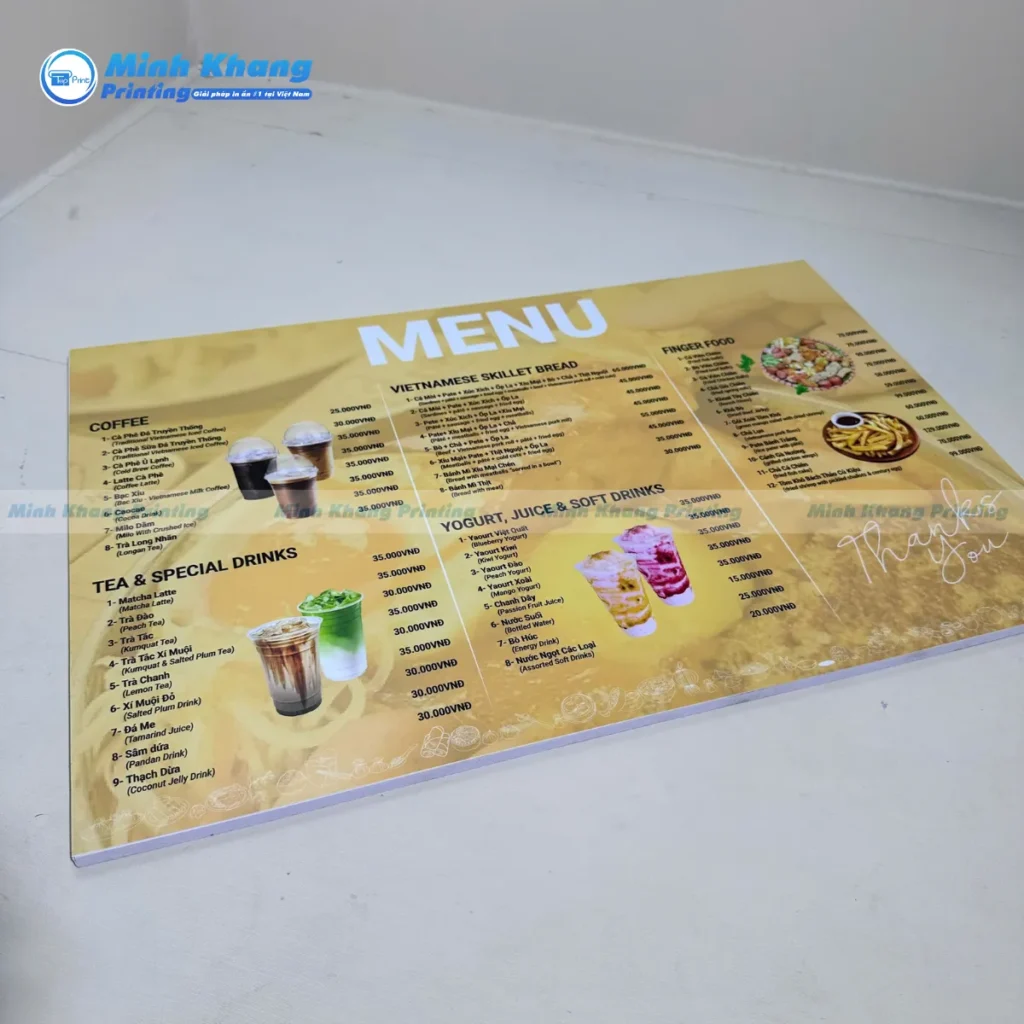 Mẫu menu quán trà sữa song ngữ tiếng anh - việt cán mờ in bởi Minh Khang