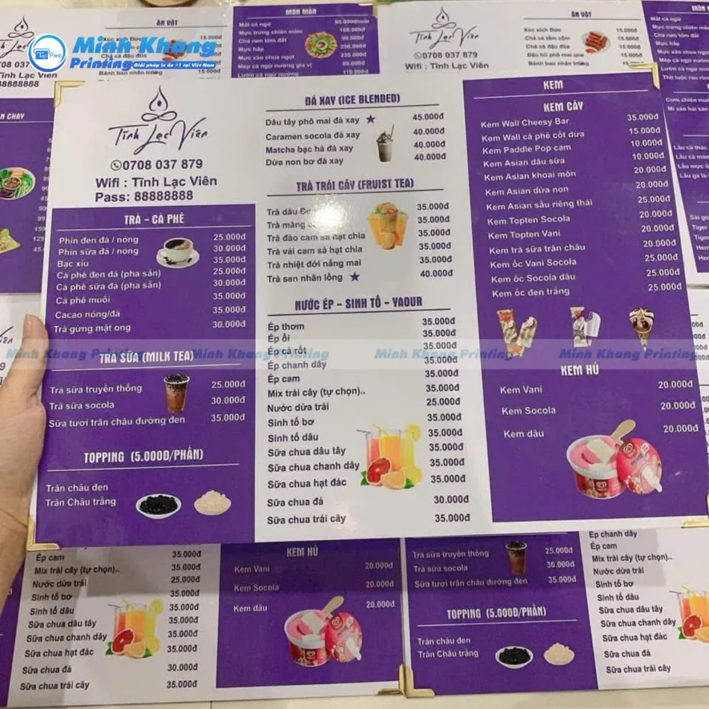 Mẫu menu quán trà sữa dễ thương kích thước A3 chất liệu formex dán decal cán bóng