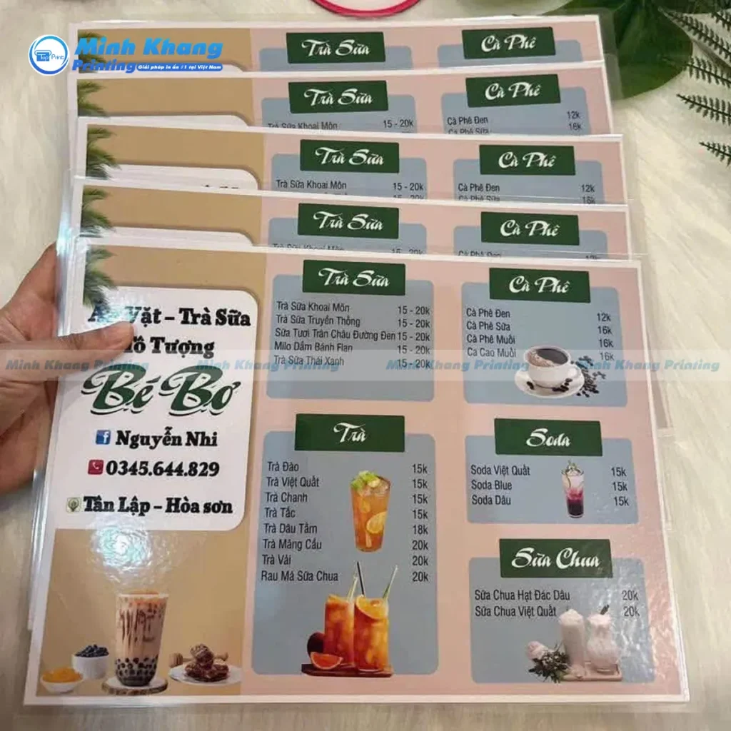 Mẫu menu quán trà sữa tô tượng ép plastic chống nước