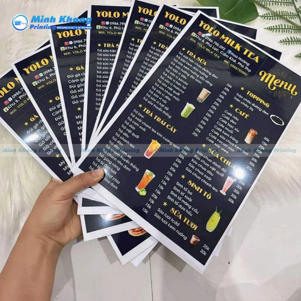 Mẫu bảng menu trà sữa in số lượng ít 