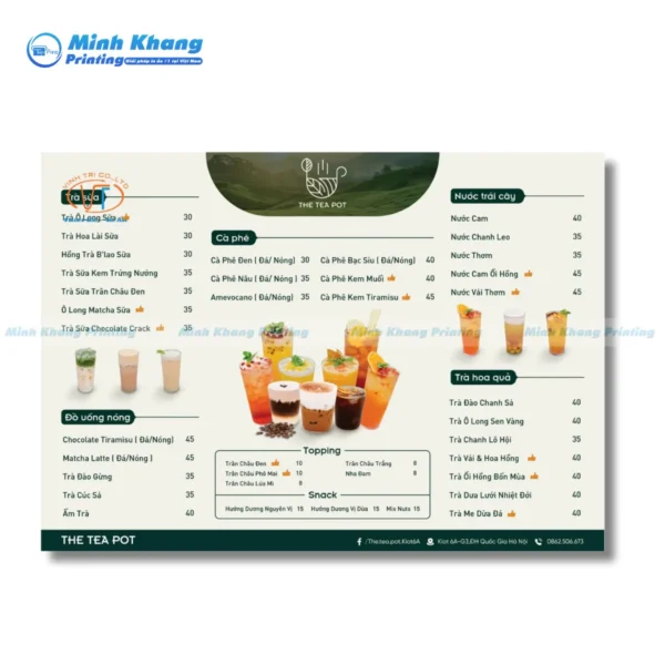 Mẫu menu quán trà sữa, trà trái cây đơn giản, sang trọng