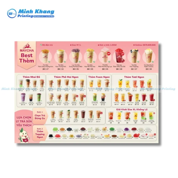 Mẫu menu trà sữa maycha với thiết kế màu hồng - kem xinh xắn