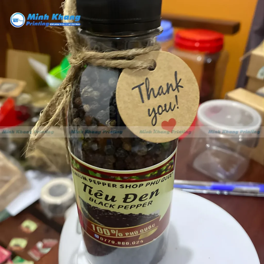 Mẫu tag treo hũ đựng lọ tiêu đen giấy kraft tròn thank you