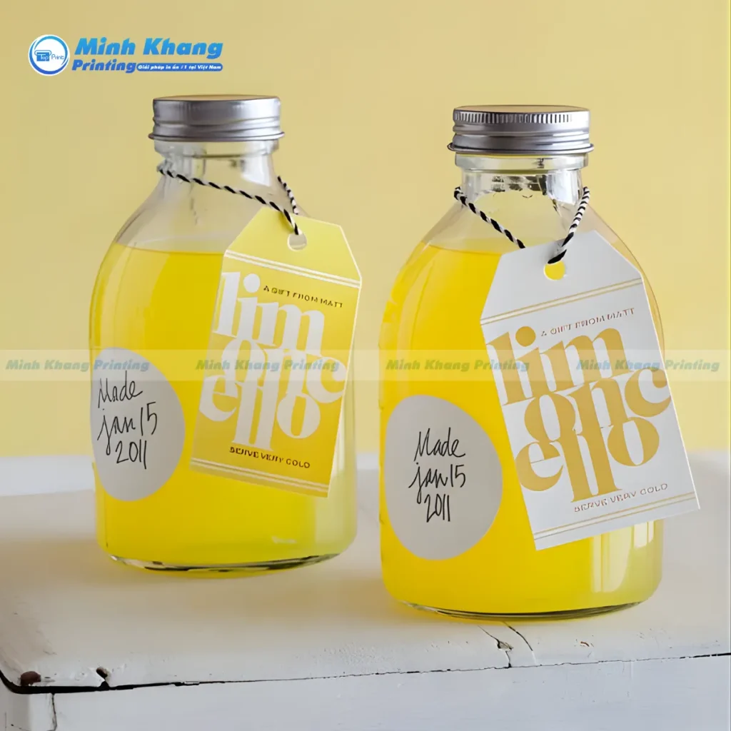 Mẫu tag treo chai nước ép thường sử dụng tông màu vàng ấm áp để kích thích thị giác