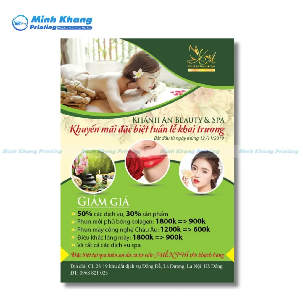 Mẫu tờ rơi khai trương spa in trên giấy Couche dày dặn mang lại vẻ ngoài cao cấp và bền đẹp theo thời gian