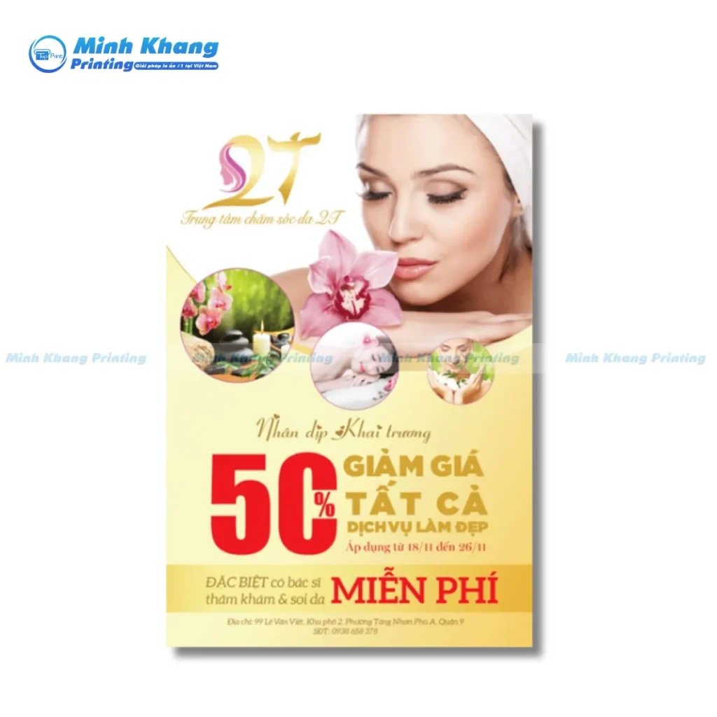 Mẫu tờ rơi khai trương spa với sắc đỏ may mắn kết hợp họa tiết hoa lan mang lại cảm giác khởi đầu thịnh vượng.