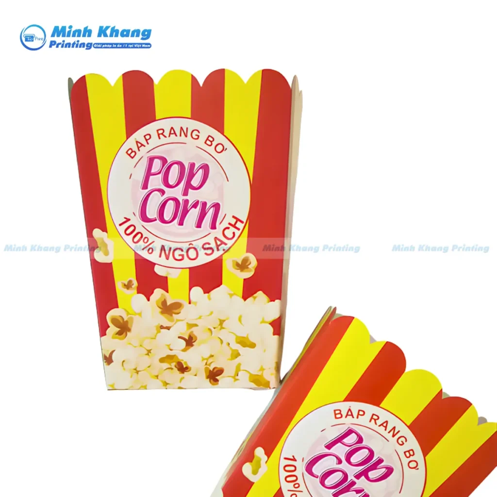 Mẫu túi giấy đựng bỏng ngô sử dụng tông màu Đỏ – Vàng nóng, kích thích vị giác và khả năng thu hút khách hàng