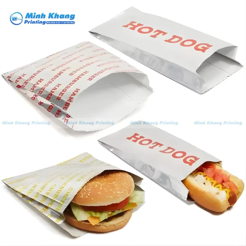 Mẫu túi giấy hamburger MG trắng, in màu sắc tươi sáng như thương hiệu McDonald’s