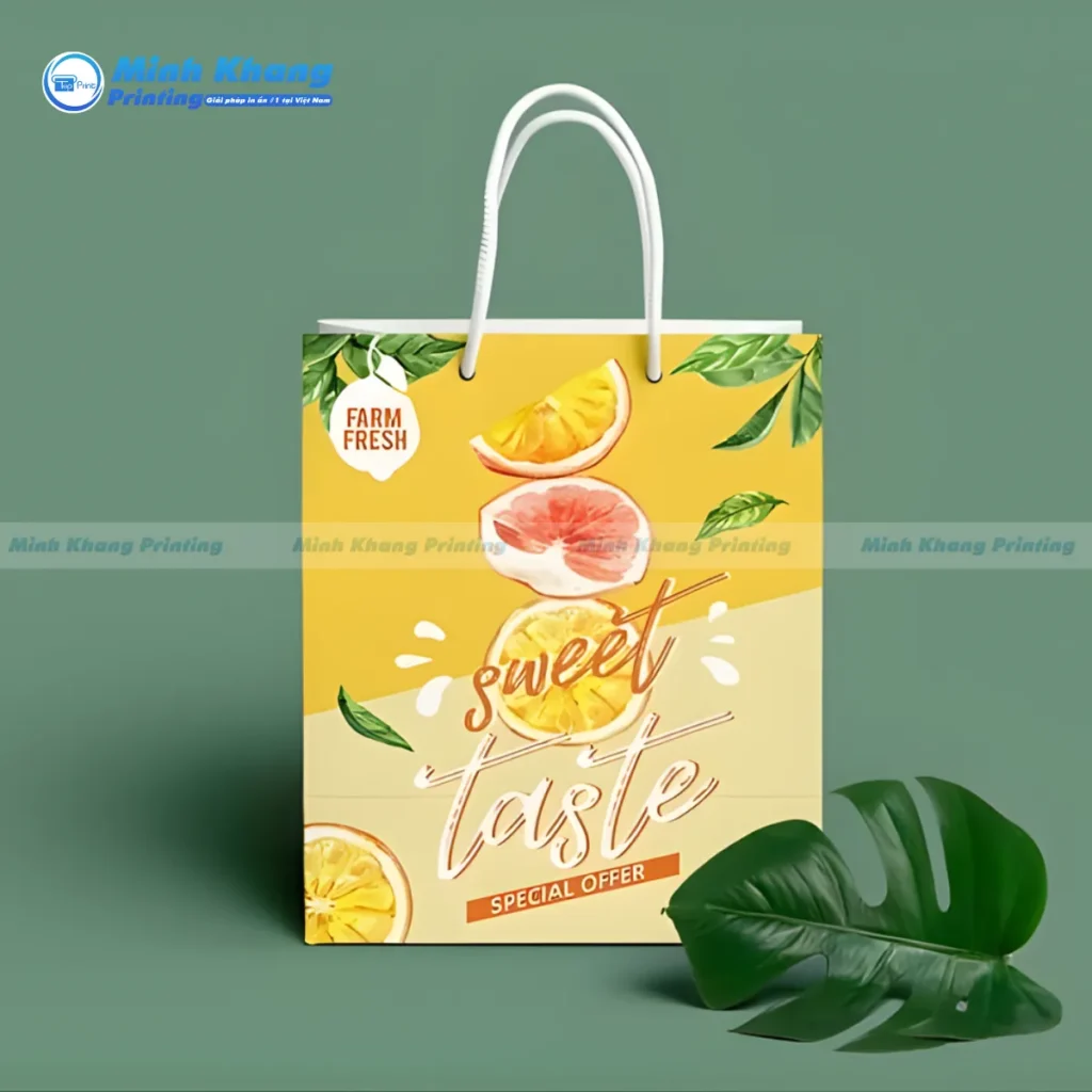 Mẫu túi giấy in hình minh họa các loại rau củ sinh động, hấp dẫn đối với người tiêu dùng trẻ.
