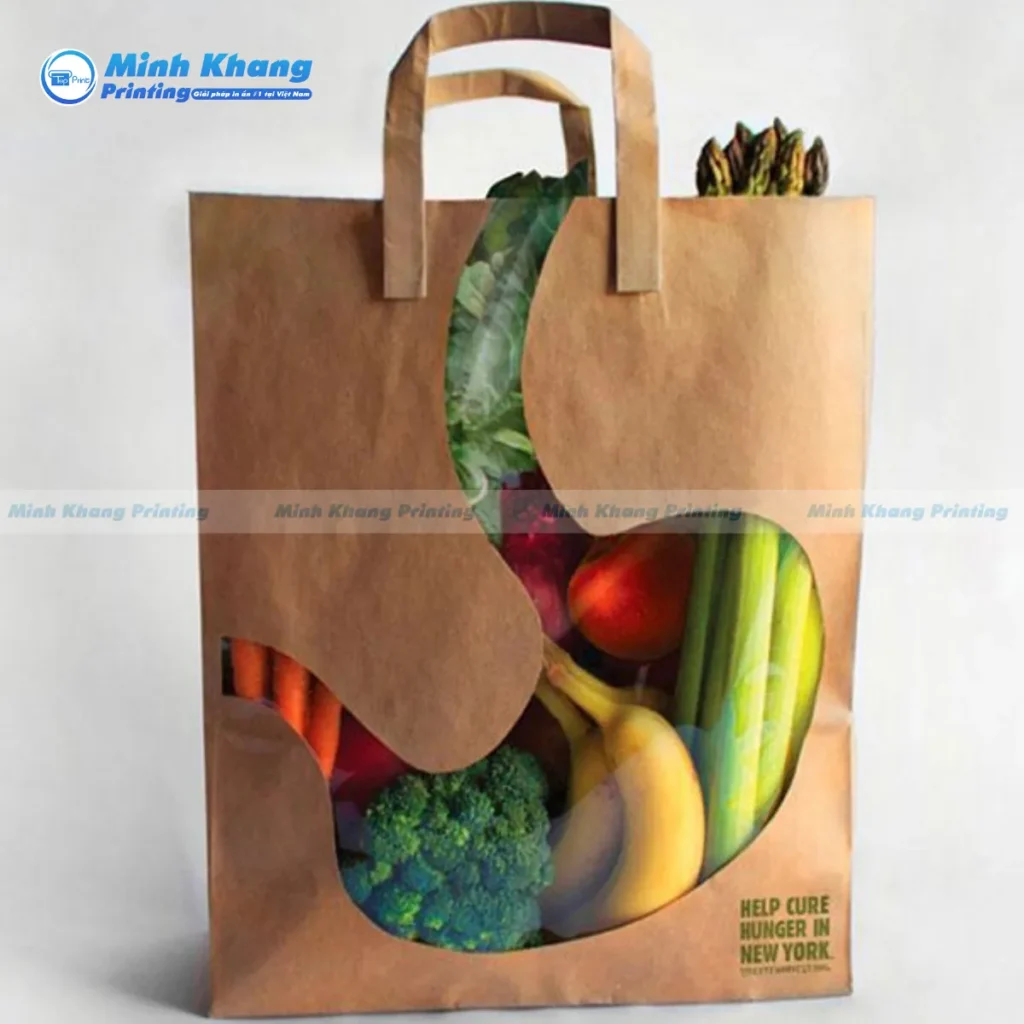 Mẫu túi giấy có cửa sổ kính trong suốt, cho phép khách hàng kiểm tra độ tươi mà không cần mở bao bì
