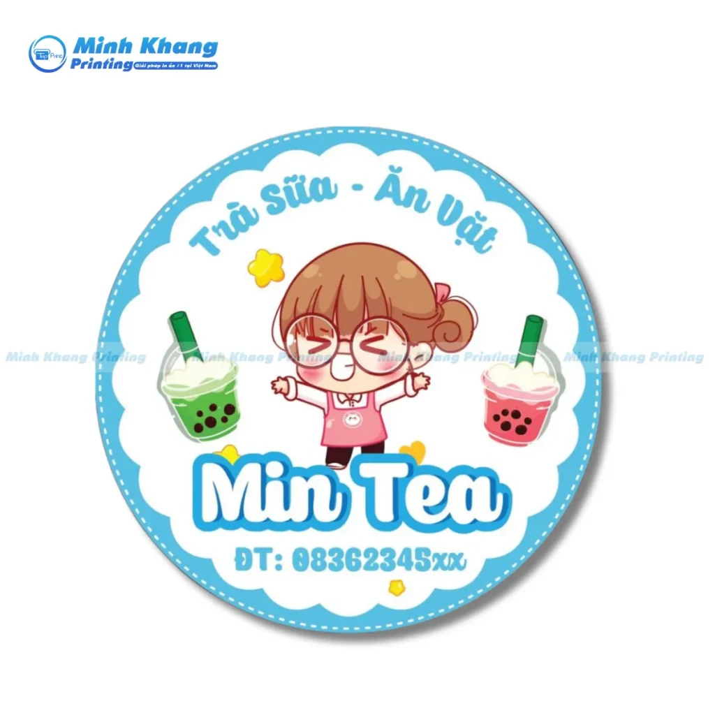 Mẫu tem trà sữa cute với hình ảnh hoạt hình, thu hút đối tượng khách hàng trẻ tuổi.