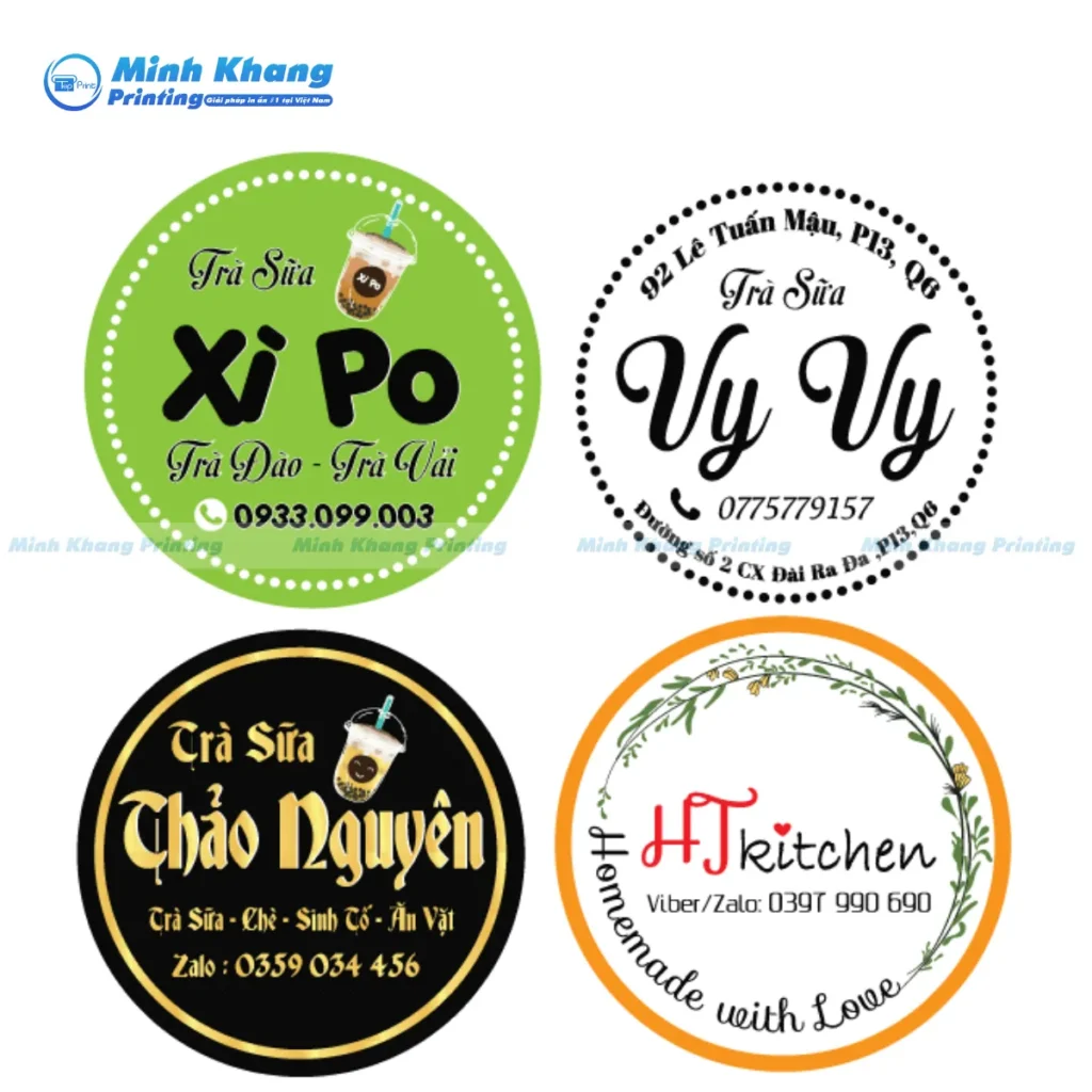 Mẫu tem nhãn dán ly trà sữa chứa thông tin liên hệ, giúp khách hàng dễ dàng đặt hàng lại