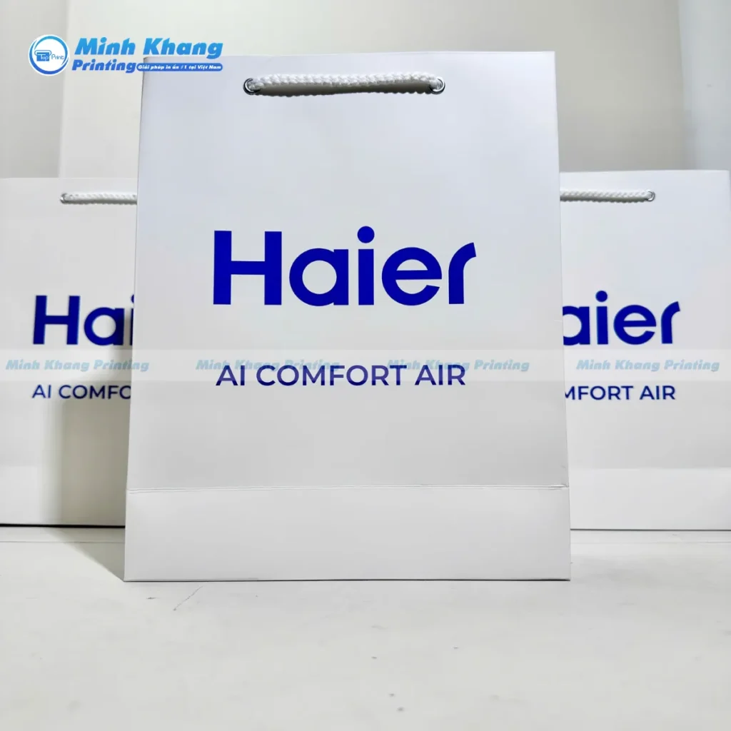 Mẫu túi giấy in logo HAIER in tên và slogan của thương hiệu