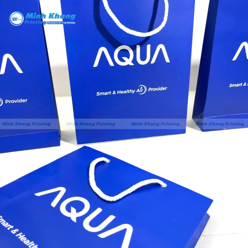 Mẫu bao bì túi giấy logo AQUA chất liệu giấy couche 250gsm dày dặn