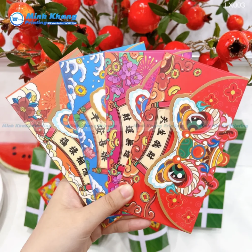 mẫu bao lì xì với thiết kế ngang hình con lân đẹp 