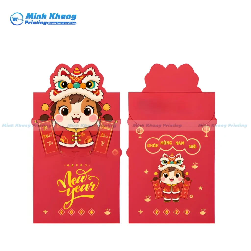 Mẫu phong bao lì xì Tết 2026 thiết kế hình con ngựa Bính Ngọ mang ý nghĩa mã đáo thành công, thu hút tài lộc