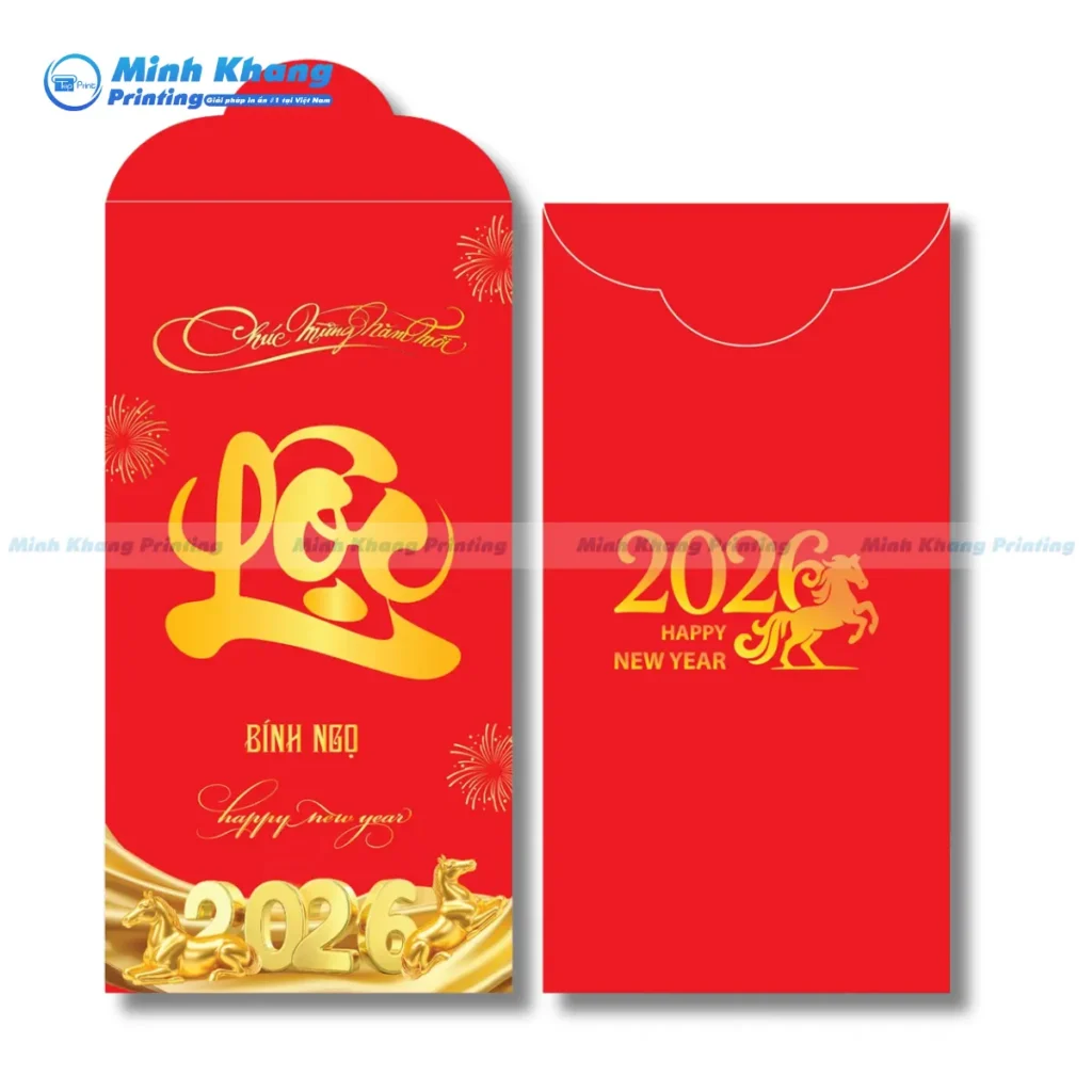 Mẫu bao lì xì Tết 2026 thiết kế hình con ngựa Bính Ngọ mang ý nghĩa mã đáo thành công, tài lộc dồi dào