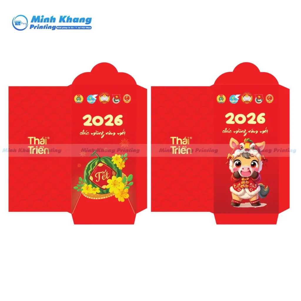 Mẫu bao mừng năm mới ép kim tạo điểm nhấn sang trọng, phù hợp làm quà tặng doanh nghiệp dịp Tết