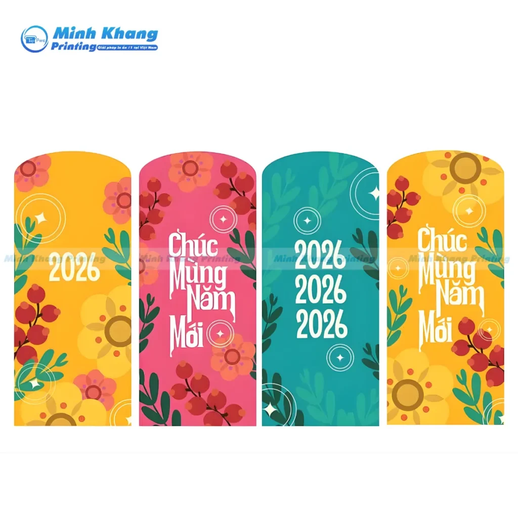 Mẫu phong bao mừng tuổi truyền thống với sắc đỏ – vàng kết hợp hoa mai, hoa đào nổi bật không khí năm mới