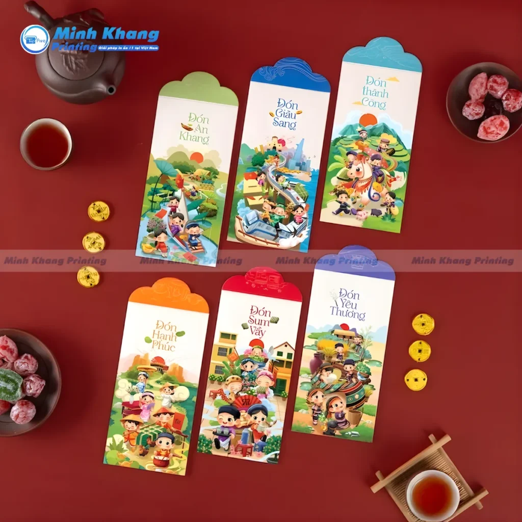 Mẫu phong bao lì xì Thần Tài mang ý nghĩa chiêu tài, hút lộc, được nhiều chủ shop lựa chọn