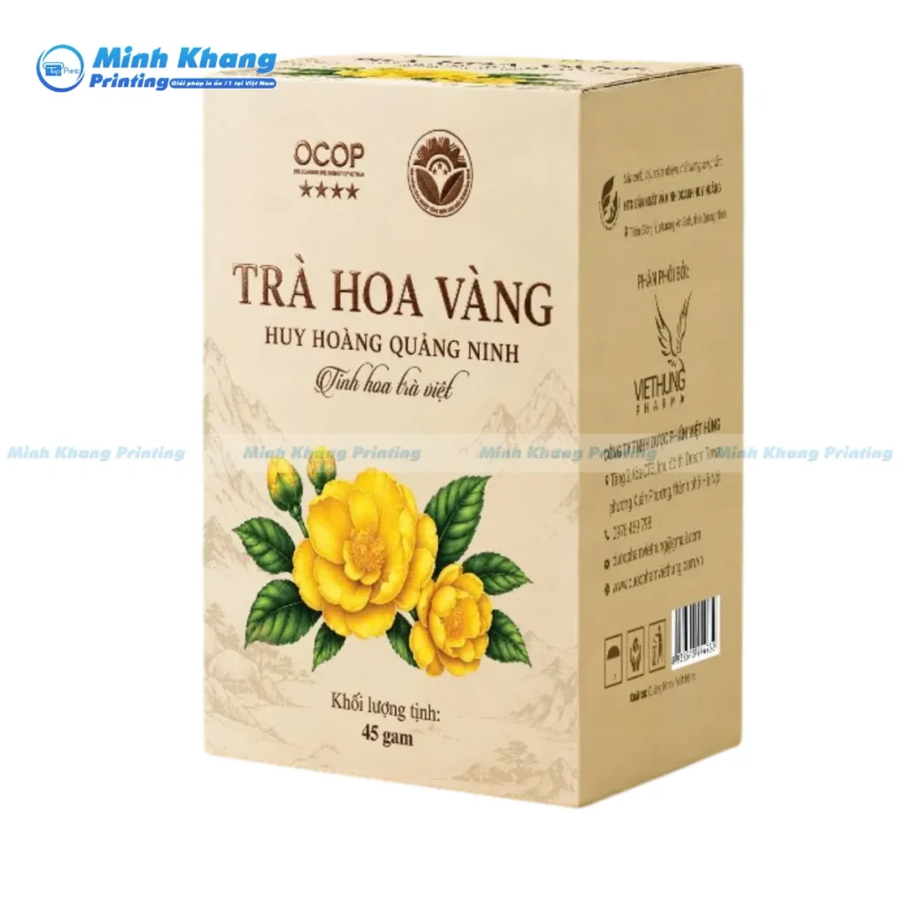 Mẫu hộp giấy đựng trà hoa vào chất liệu giấy Couche mỏng