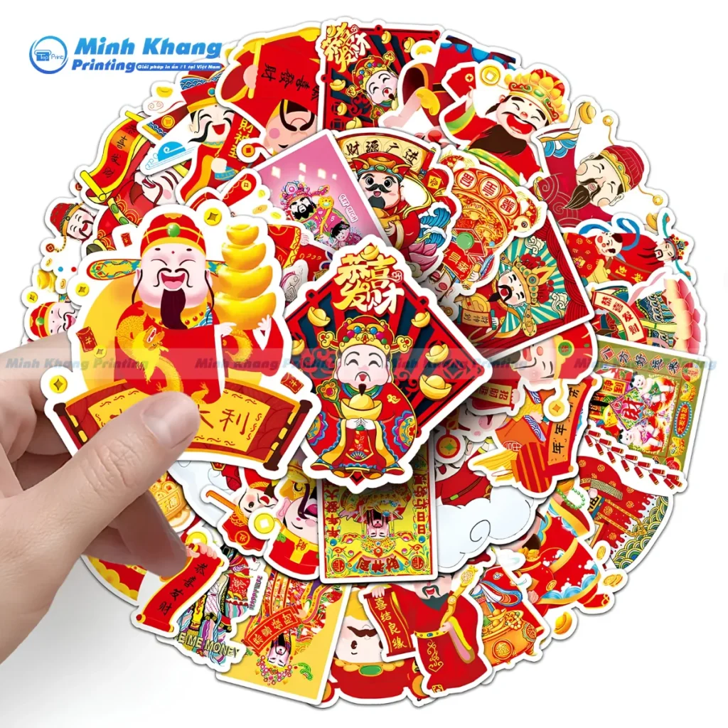 Mẫu sticker Tết 2027 nổi bật với hình ảnh ông thần tài gõ cửa ban lộc