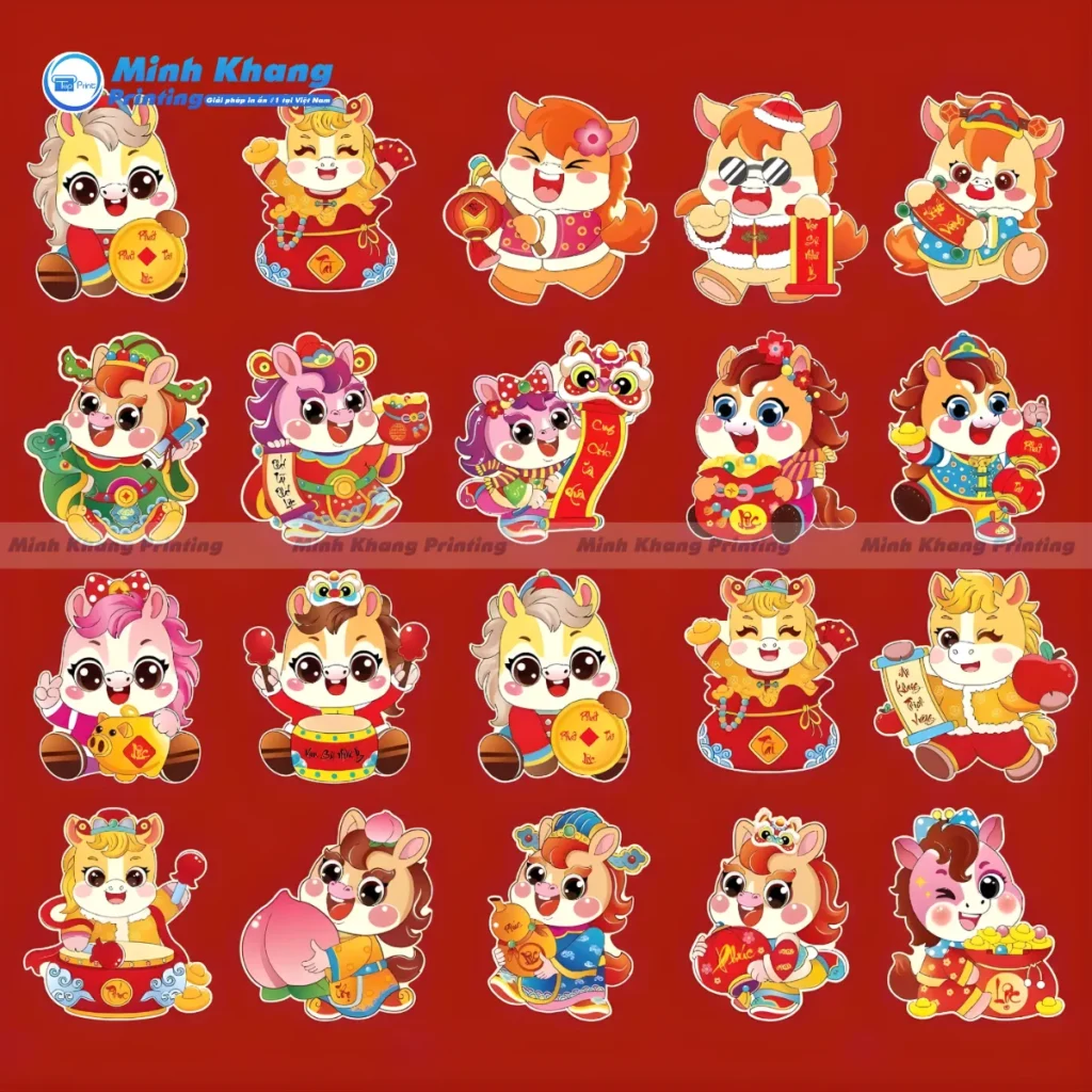 Mẫu sticker Tết 2026 cute thiết kế phong cách dễ thương, phù hợp Gen Z trang trí planner, laptop và sổ tay.