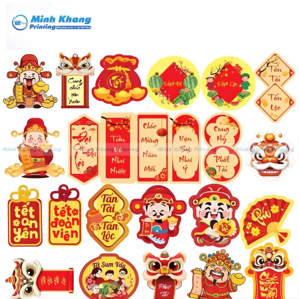 Mẫu sticker thần tài thường in kích thước nhỏ 5×5 cm hoặc 7×7 cm, vừa tinh tế vừa tiết kiệm chi phí