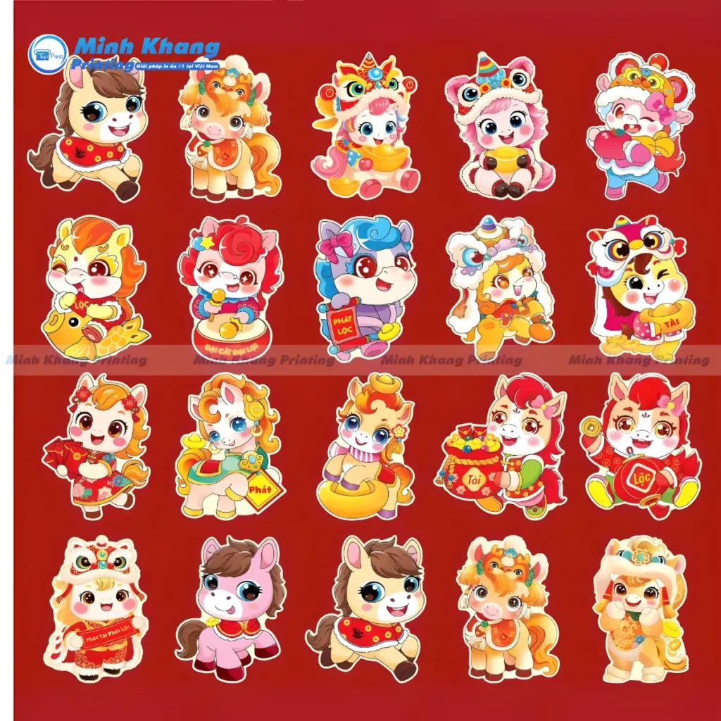 Mẫu sticker con ngựa Tết 2026 sử dụng decal sữa cho độ che phủ cao, màu sắc nổi bật và bền đẹp