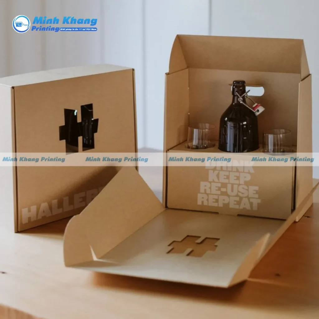 Mẫu hộp giấy carton đựng bộ sản phẩm rượu & ly được phân chia 3 ngăn khoa học