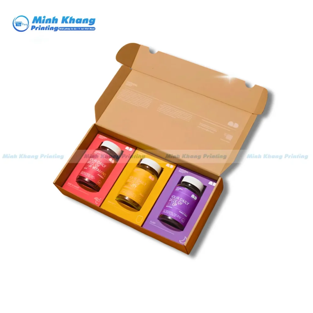 Mẫu hộp giấy kraft 3 ngăn đựng thực phẩm chức năng